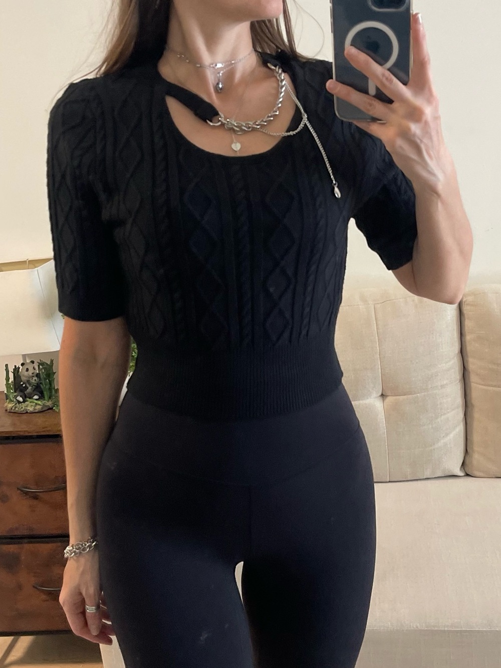 NWT Jamor Black Cable Knit Cutout Chain Sweater Top M